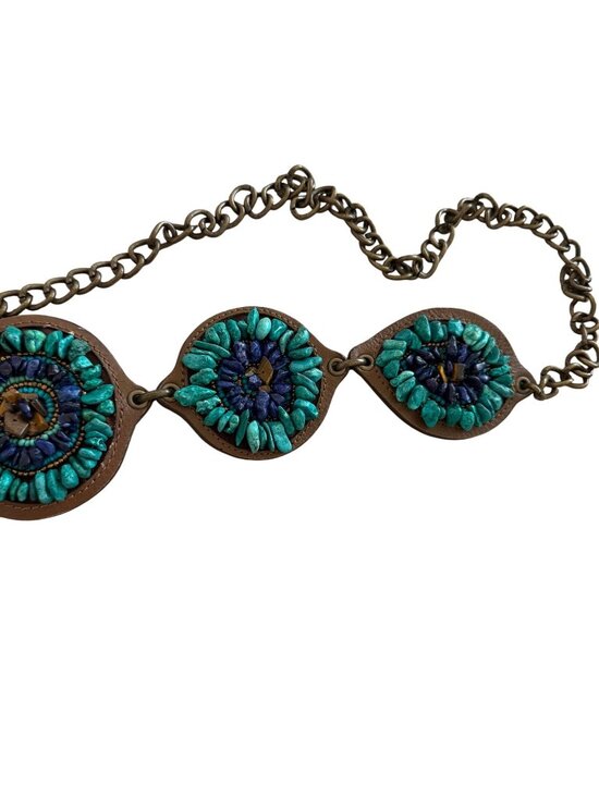 Chicos Womens Beaded Stone Medallion Chain Belt One Size Blue Southwestern